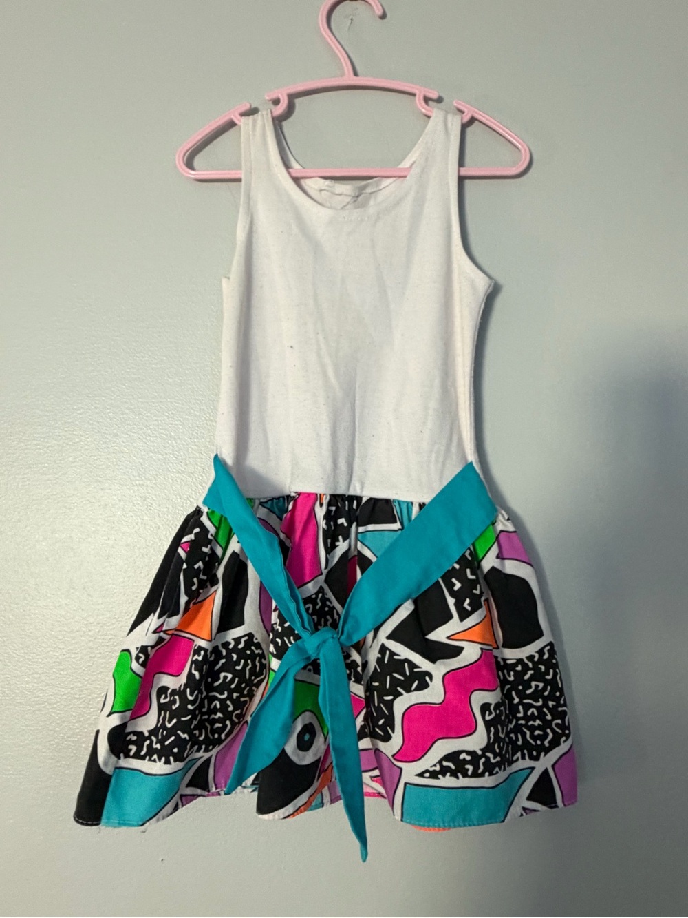 Vintage 80s Girls White Tank Dress with Vibrant Multicolor Skirt and Teal Sash